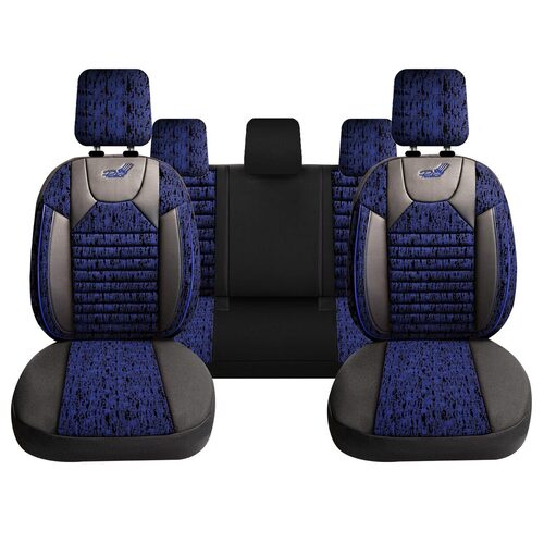 Set Huse Scaune Auto pentru Ford Puma - Panda Kas, material textil cu piele ecologica, cu fermoare pentru bancheta rabatabila, albastru cu negru, 11 piese