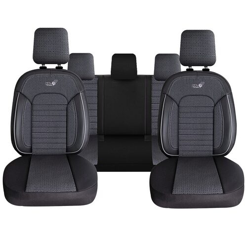 Set Huse Scaune Auto pentru Hyundai Ioniq - Panda Belek, material textil cu piele ecologica, cu fermoare pentru bancheta rabatabila, gri cu negru, 11 piese