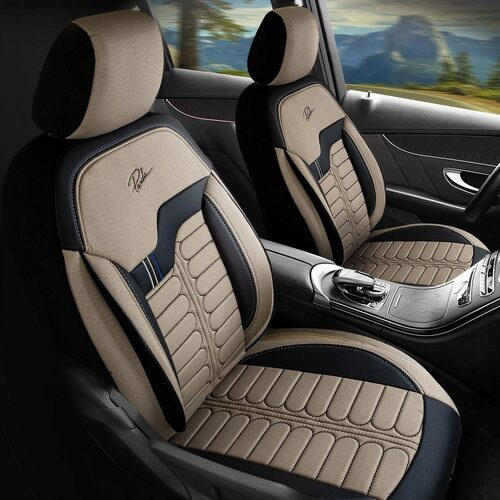 Set Huse Scaune Auto pentru Jaguar XF - Panda Londra, cu fermoare pentru bancheta rabatabila, bej - negru , 11 piese