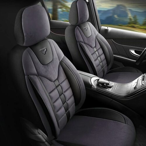 Set Huse Scaune Auto pentru Opel Insignia - Panda Toronto, tip Alcantara, cu fermoare pentru bancheta rabatabila, negru gri, 11 piese