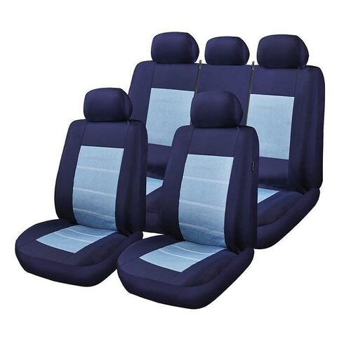 Set Huse Scaune Auto pentru Ssangyong Rexton - RoGroup Blue Jeans, cu fermoare pentru bancheta rabatabila, 9 piese