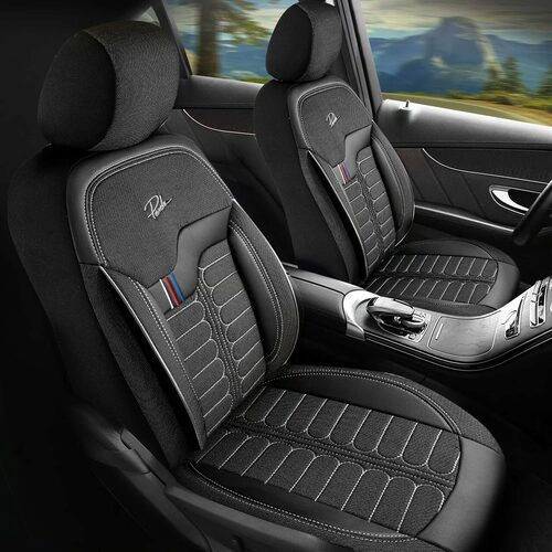 Set Huse Scaune Auto pentru Ssangyong Tivoli - Panda Londra, cu fermoare pentru bancheta rabatabila, negru gri, 11 piese