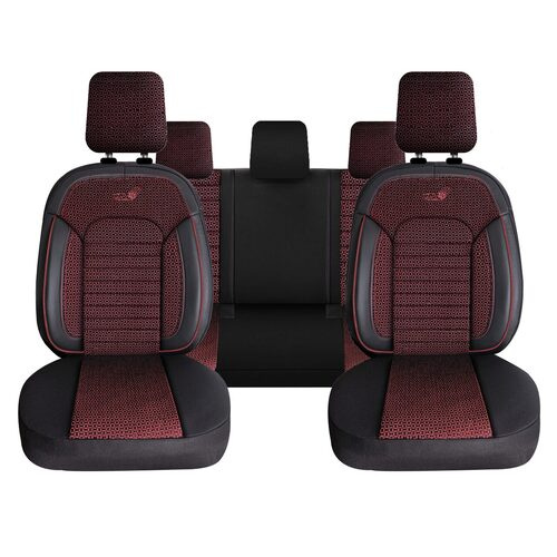 Set Huse Scaune Auto pentru Suzuki Samurai - Panda Kas, material textil cu piele ecologica, cu fermoare pentru bancheta rabatabila, gri cu negru, 11 piese