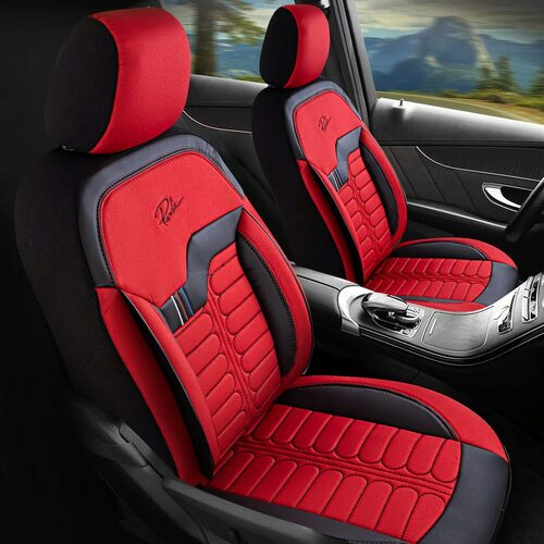 Set Huse Scaune Auto pentru Suzuki Vitara - Panda Londra, cu fermoare pentru bancheta rabatabila, rosu negru, 11 piese