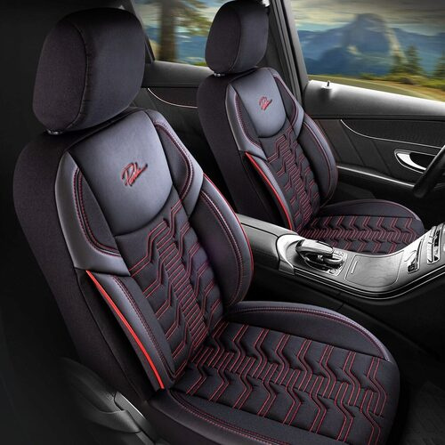 Set Huse Scaune Auto pentru Toyota Corolla - Panda Berlina, negru cu cusatura rosie, 11 piese