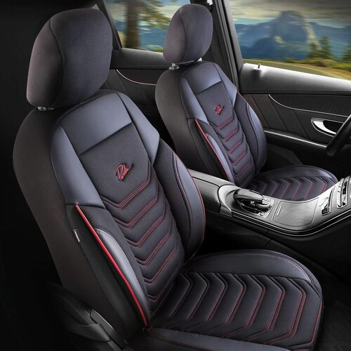Set Huse Scaune Auto pentru Toyota Corolla - Panda Florida, negru cu cusatura rosie, 11 piese
