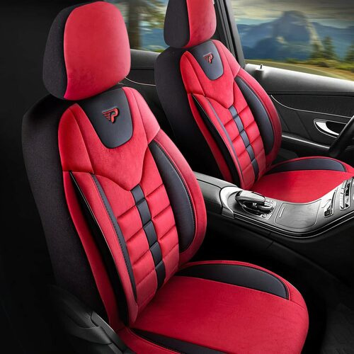 Set Huse Scaune Auto pentru Volkswagen Passat B6 - Panda Toronto, tip Alcantara, cu fermoare pentru bancheta rabatabila, rosu negru, 11 piese