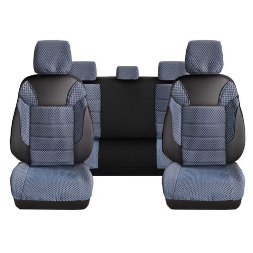 Set Huse Scaune Auto pentru Volkswagen Polo 6N - DeluxeBoss Classico, pentru bancheta rabatabila fractionata, 11 piese, albastru-alb
