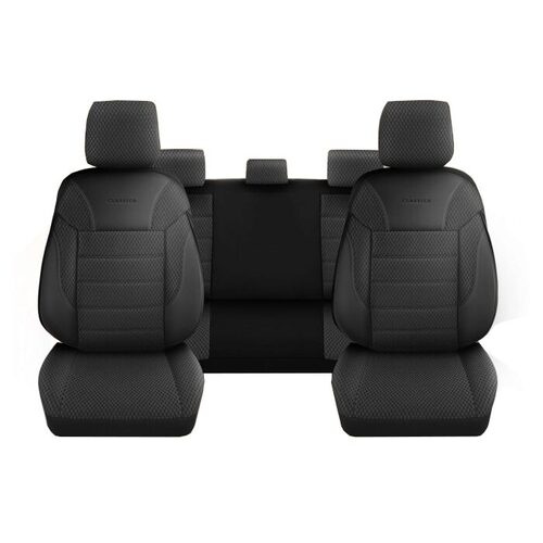 Set Huse Scaune Auto pentru Volkswagen T-Roc - DeluxeBoss Classico, pentru bancheta rabatabila fractionata, 11 piese, negru gri