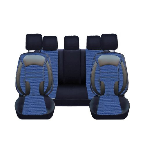 Set Huse Scaune Auto pentru Volkswagen Taigo - DeluxeBoss, stofa cu piele ecologica, pt bancheta rabatabila fractionata, negru cu albastru, 11 piese