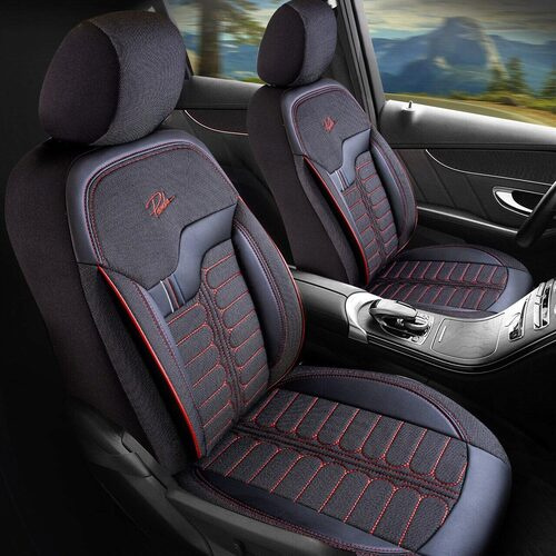 Set Huse Scaune Auto pentru Volkswagen Taigo - Panda Londra, cu fermoare pentru bancheta rabatabila, negru cu cusatura rosie, 11 piese