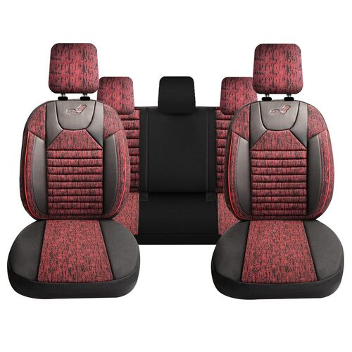 Set Huse Scaune Auto pentru Volvo C30 - Panda PSC02, material textil cu piele ecologica, cu fermoare pentru bancheta rabatabila, visiniu cu negru, 11 piese