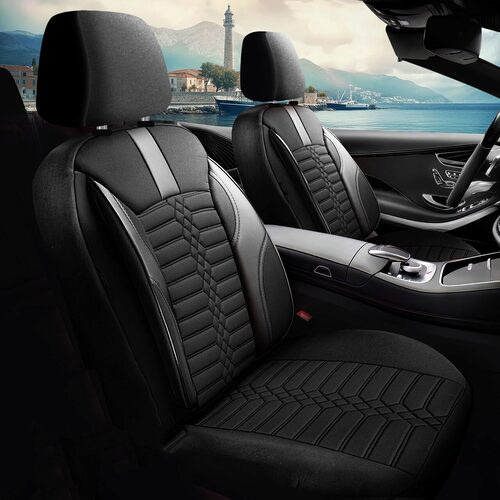 Set Huse Scaune Auto pentru Volvo XC60 - Panda Atena, material textil cu piele ecologica, cu fermoare pentru bancheta rabatabila, negru cu gri, 11 piese