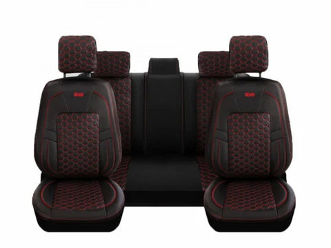 Set huse scaune auto piele ecologica negru cu rosu, universale, fata-spate, Diamond Design