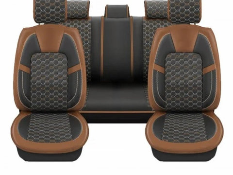 Set huse scaune auto piele ecologica negru cu maro, universale, fata-spate, Diamond Design
