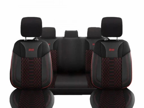 Set huse scaune auto universale, fata-spate, piele ecologica cu textil, negru cu rosu, MODENA Series