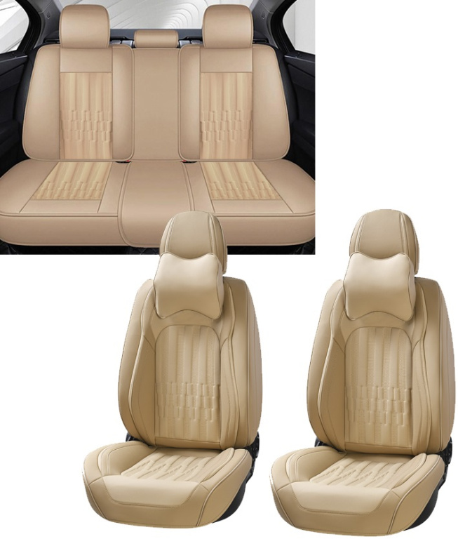 Set Huse Scaune Cu Perne Tetiera Auto, Universale, Lux, Piele Ecologica, Culoare Bej, Calitate Superioară TAP879