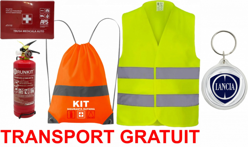 Set Kit siguranta auto OMOLOGAT RAR cu saculet compact ce contine - Stingator cu manometru P1 1kg, Trusa Medicala , Vesta Reflectorizanta, Breloc Cadou Lancia. Compatibilitate cu orice autoturism kit-compact-129-breloc-Lancia