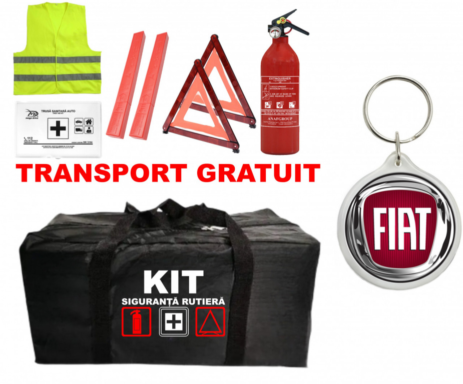 Set Kit - Trusa siguranta auto omologat R.A.R, Stingator cu manometru 1kg P1 , Trusa Medicala, 2 Triunghiuri Reflectorizante , 1 Breloc FIAT kit-siguranta-breloc-FIAT