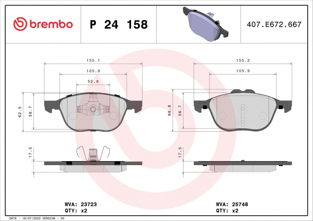 Set placute frana Brembo FORD ECOSPORT 2017-2023 - P 24 158