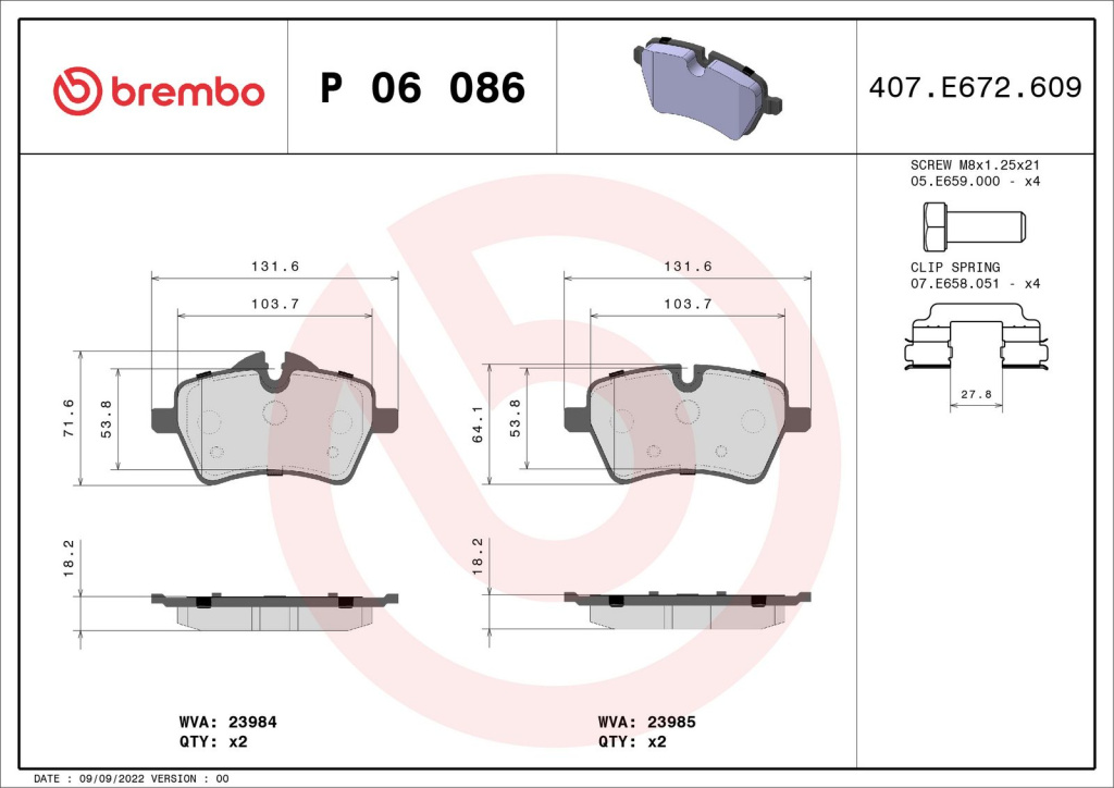 Set placute frana, BREMBO P 06 086 pentru MINI (R5