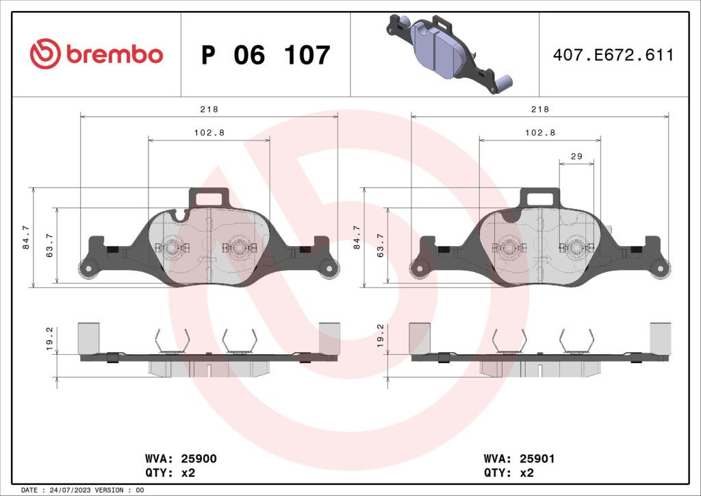 Set placute frana, BREMBO P 06 107 pentru BMW 2 cupe (G42, G87), X6 (G06, F96) de la 2019