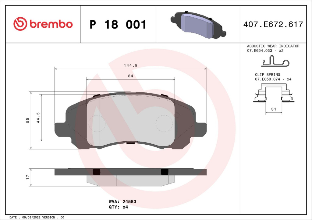 Set placute frana, BREMBO P 18 001 pentru CHRYSLER SEBRING (JS), AVENGER 2007-2014