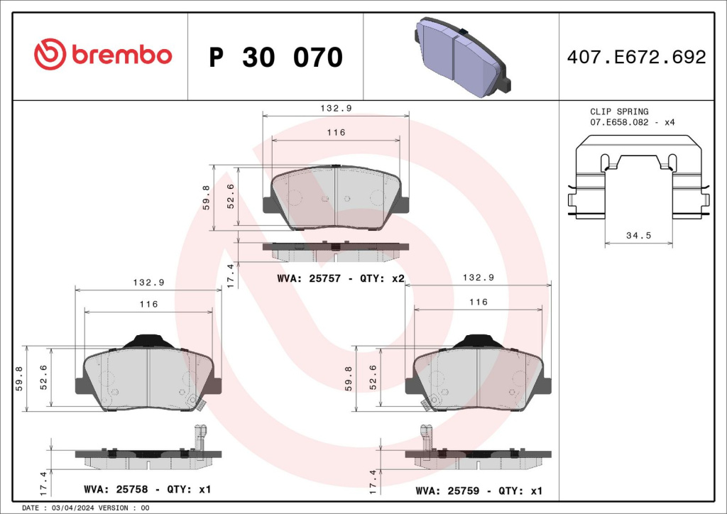 Set placute frana, BREMBO P 30 070 pentru HYUNDAI GRANDEUR (HG), SANTA Fe III (DM, DMA) 2012-2018