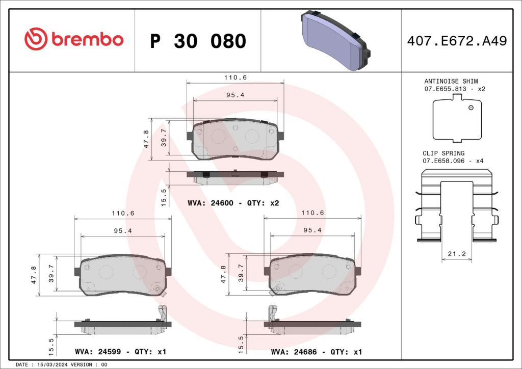 Set placute frana, BREMBO P 30 080 pentru HYUNDAI ix55, ix55 2006-2014