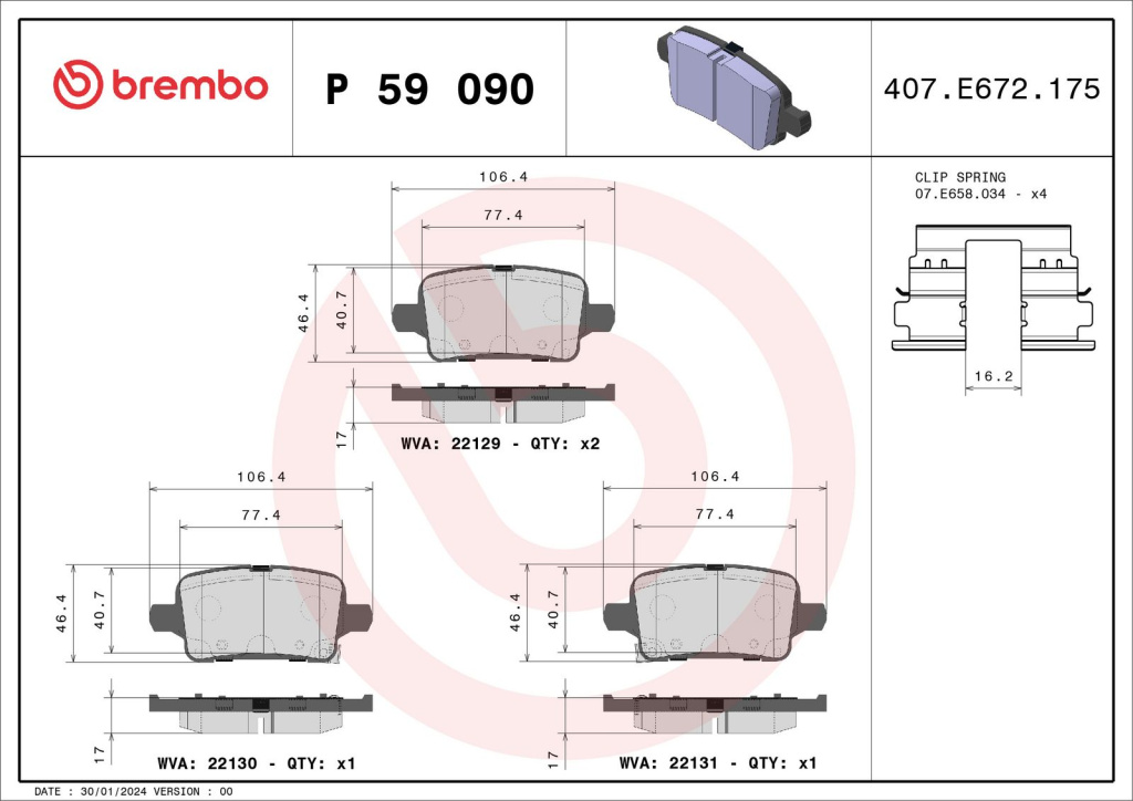Set placute frana, BREMBO P 59 090 pentru OPEL AMPERA-E (F17), ASTRA K caroserie inchisa/combi de la 2015
