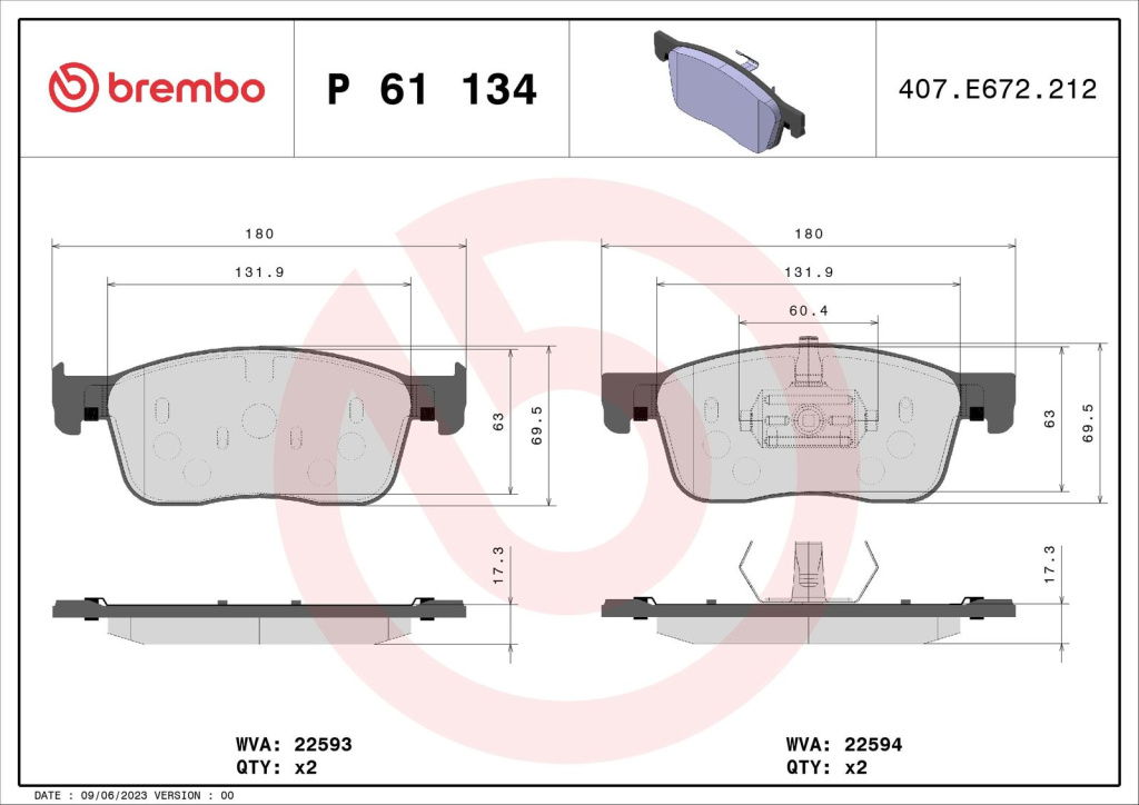 Set placute frana, BREMBO P 61 134 pentru CITROEN JUMPY III bus (V), ULYSSE bus de la 2022