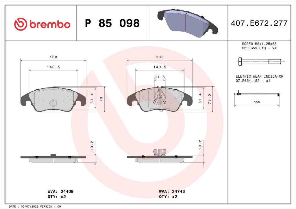 Set placute frana, BREMBO P 85 098 pentru AUDI A4 Allroad B8 (8KH), A6 C7 (4G2, 4GC) 2010-2019