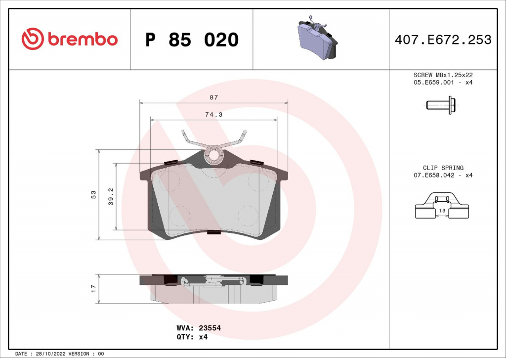 Set placute frana,frana disc BREMBO P 85 020X
