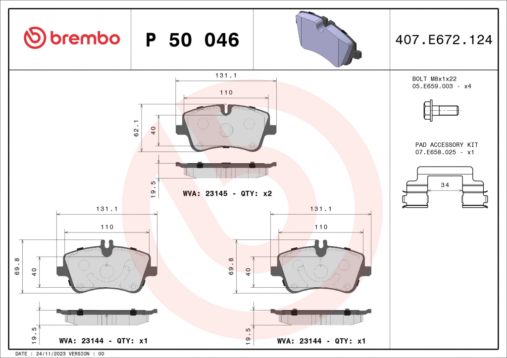 Set placute frana,frana disc BREMBO P50046 pentru MERCEDES-BENZ C-CLASS (W203) 2000 2001 2002 2003 2004 2005 2006 2007