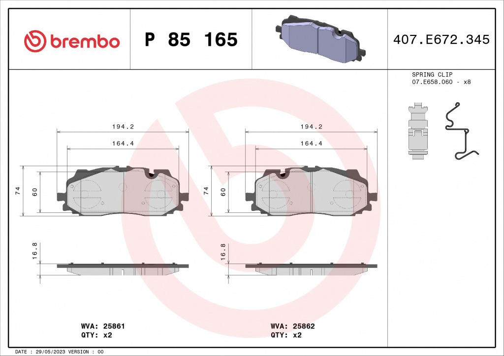 Set placute frana,frana disc BREMBO P85165X la AUDI Q7 Van (4MB, 4MG) 2015 2016 2017 2018 2019 2020 2021