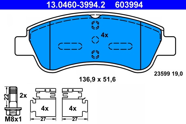 Set placute frana,frana disc punte fata (13.0460-3994.2 13046039942 ATE) CITRO�N,DS,OPEL,PEUGEOT,VAUXHALL 1007|2008|206|207|207 SW|207, 207 PASSION|207, 207/207+|208|301|307|307 SW|AMI|BERLINGO, BERLI
