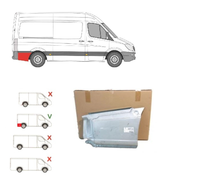 Set reparatie aripa spate VW CRAFTER (2E), 12.2005-04.2017, MERCEDES SPRINTER, 07.2006-2018, partea dreapta, fara locas ornament, in spatele carcasei rotii, Lungime 635, inaltime 390 mm, model spatiu incarcare L=3265mm, versiune standard
