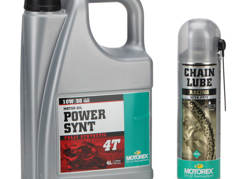 Set Ulei Motor Motorex Power Synt 4T 10W-50 4L MO 014621 + Spray Lubrifiant Lant Motorex Chain Lube Racing 500ML MO 163558