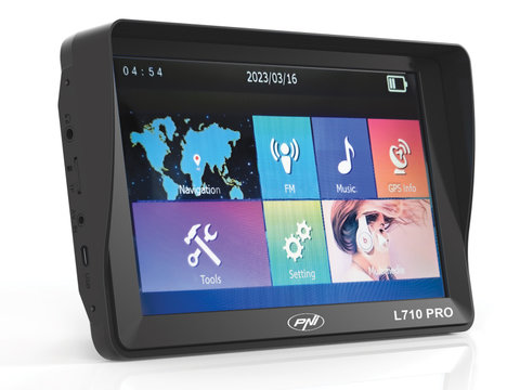 Sistem De Navigatie GPS Pni L710 Pro Cu Parasolar, 7 Inch, 800 Mhz, 256Mb Ddr, 16Gb Memorie Interna, FM Transmitter, Cu Doua Alimentatoare Auto Incluse PNI-L710-PRO