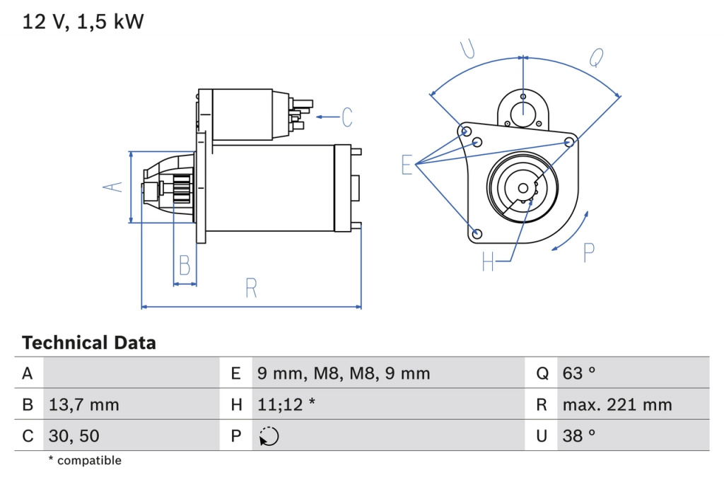 Starter BOSCH 0986022790 model PEUGEOT 2008 I (CU_) 9HD (DV6C) 1560cc 114cp 84kW 2013 2014 2015 2016 2017 2018