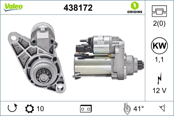 Starter VALEO 438172 se potriveste la SKODA (SVW) OCTAVIA hatchback (913) CPJA; CLRA; CDFA 1598cc 105cp 77kW 2007 2008 2009 2010 2011 2012 2013 2014 2015 2016 2017