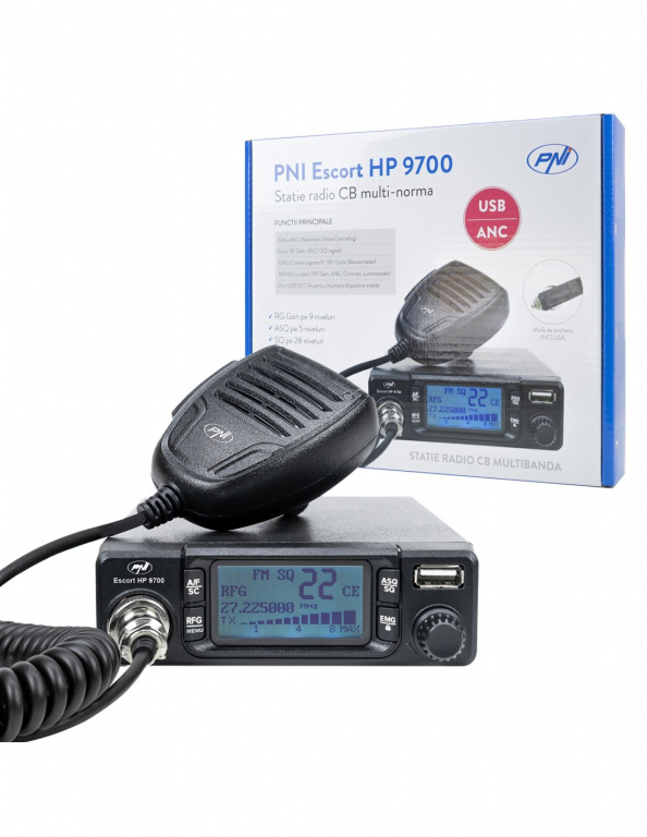 Statie radio cb pni escort hp 9700 12/24v, usb, anc, asq, mufa de bricheta inclusa 13156