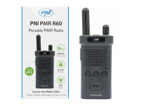 Statie radio portabila PNI PMR R60 446MHz, 0.5W, Scaun, blocare taste, SOS, Monitor, acumulator 1200mAh