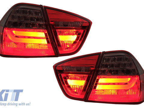 Stopuri LED Light Bar LCI Design compatibil cu BMW E90 Seria 3 Limuzina (2005-2008) Rosu Fumuriu