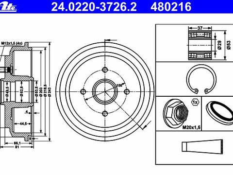 Tambur frana 24 0220-3726 2 ATE pentru Ford Fiesta Ford Ikon Ford Fusion