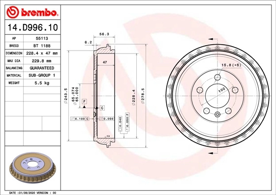 Tambur frana Brembo AUDI A1 Sportback (GBA) 2018-2025 - 14.D996.10