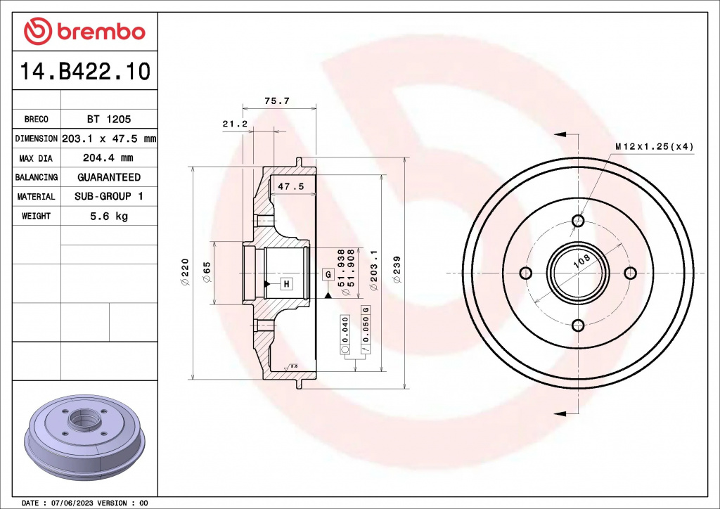 Tambur frana Brembo CITROËN C-ELYSEE (DD_) 2012-2023 - 14.B422.10