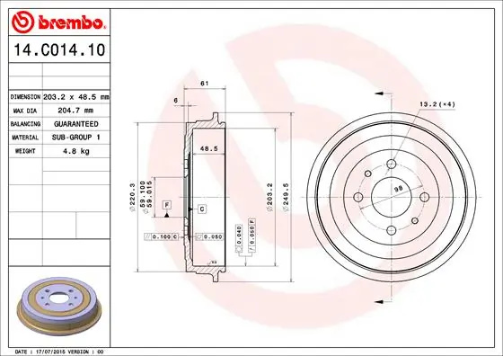 Tambur frana Brembo PEUGEOT BIPPER TEPEE 2008-2013 - 14.C014.10