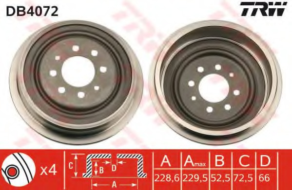 Tambur frana DB4072 TRW pentru Renault 18 Renault 21 Renault 25 Renault Fuego Renault Espace Renault Express Renault Extra Renault Rapid Renault Kangoo Renault Safrane Renault Laguna Renault Megane Renault 30 Renault Symbol Renault Thalia