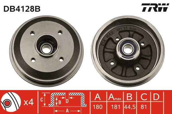 Tambur frana DB4128B TRW pentru CitroEn Zx Peugeot 309 Peugeot 306 CitroEn Xsara CitroEn Ax